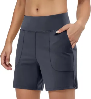 Women's Quick Dry High Waisted Swim Board Shorts Tummy Control Swimsuit Bottom Trunks Pockets Swim Tankinis Yoga Gym Briefs