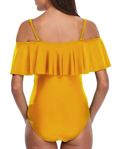 Women's Removable Soft Push Up Padded Bra Ruffle Swimsuits-Yellow