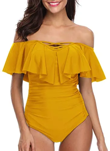 Women's Removable Soft Push Up Padded Bra Ruffle Swimsuits-Yellow