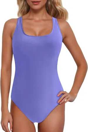 Women's Retro High-Cut Low-Back One-Piece Swimsuit Training with Backless Crisscross Racerback Modest Tummy Control