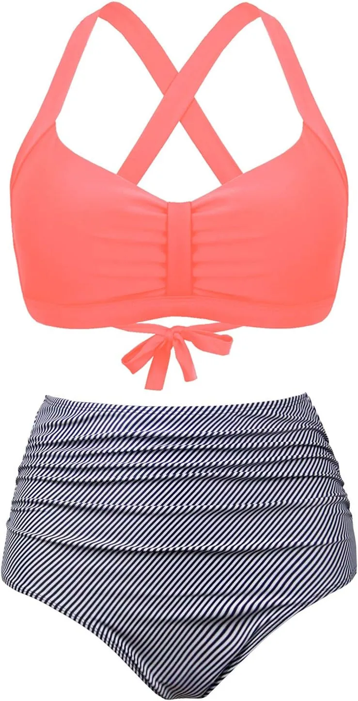 Women's Retro Printed Adjustable Thick Straps Cross Back Push Up Vintage Bikini Swimsuit Tops Only