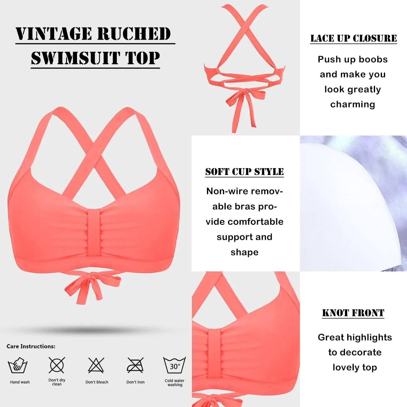Women's Retro Printed Adjustable Thick Straps Cross Back Push Up Vintage Bikini Swimsuit Tops Only