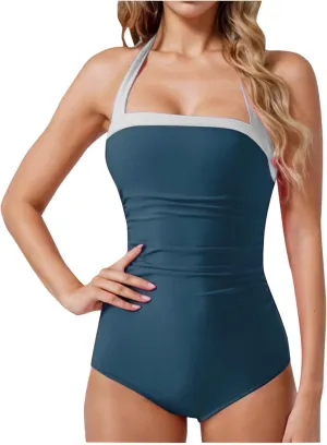 Womens Retro Swim Suits 2025 Tummy Control One Piece Halter Swimsuits Summer Trendy Colorblock Slimming Bathing Suit