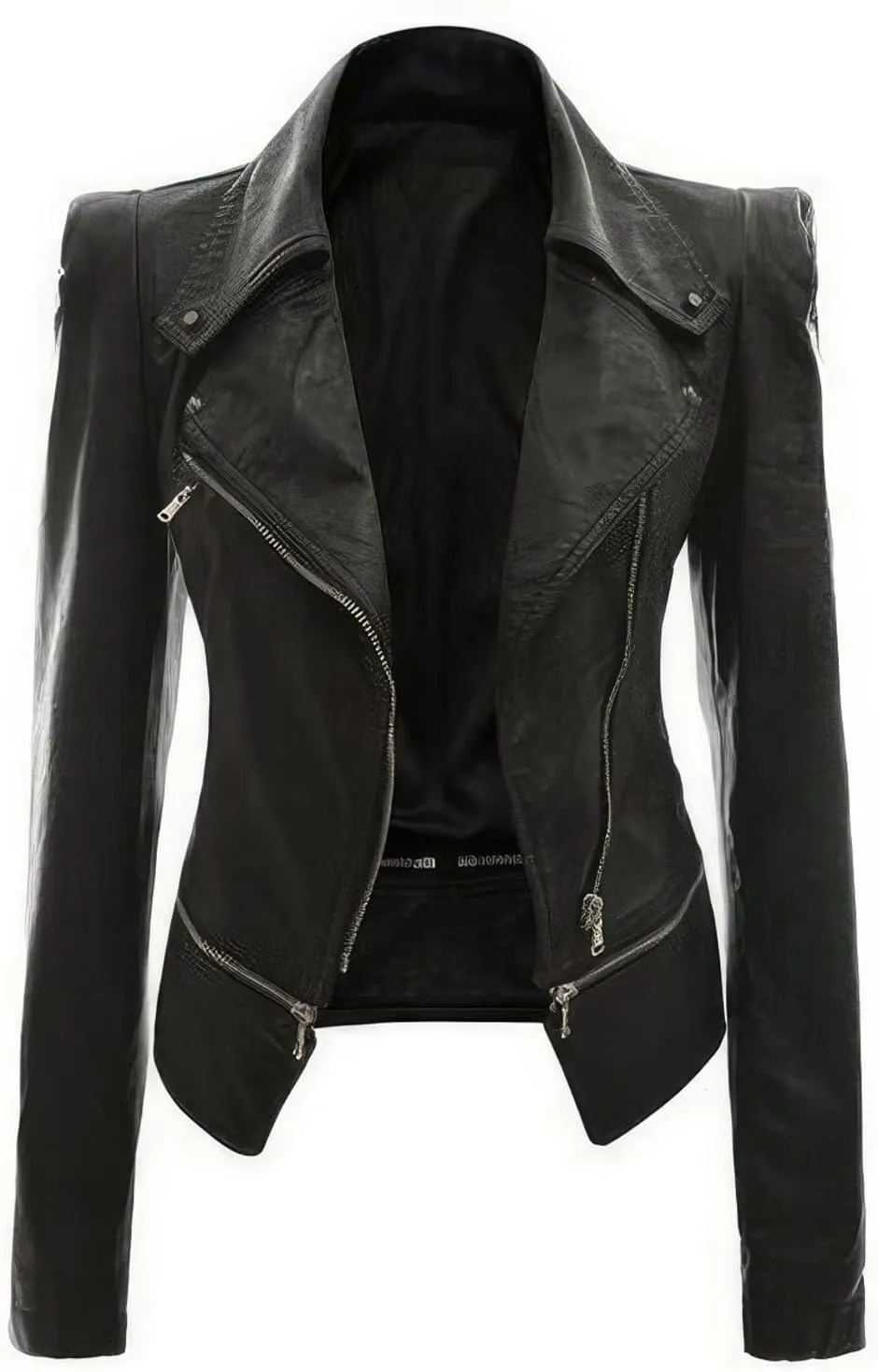 Womens Rider Black Genuine Sheepskin Multi-Zippers Caf Racer Slim Fit Asymmetric Retro Moto Biker Leather Jacket
