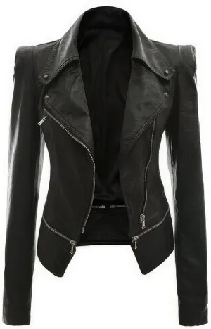 Womens Rider Black Genuine Sheepskin Multi-Zippers Caf Racer Slim Fit Asymmetric Retro Moto Biker Leather Jacket