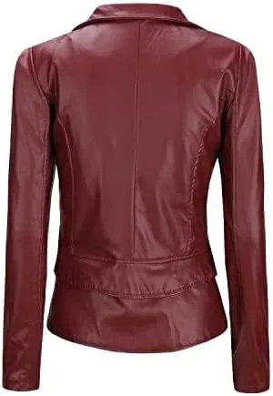 Womens Rider Burgundy Genuine Sheepskin Multi-Zippers Caf Racer Slim Fit Asymmetric Retro Moto Biker Leather Jacket
