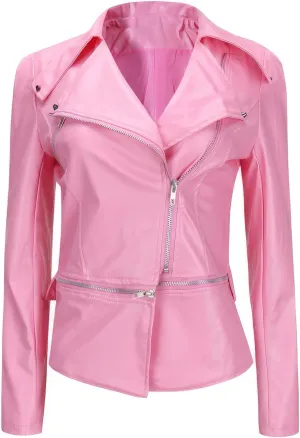 Womens Rider Pink Genuine Sheepskin leather Multi-Zippers Caf Racer Slim Fit Retro Moto Biker Leather Jacket