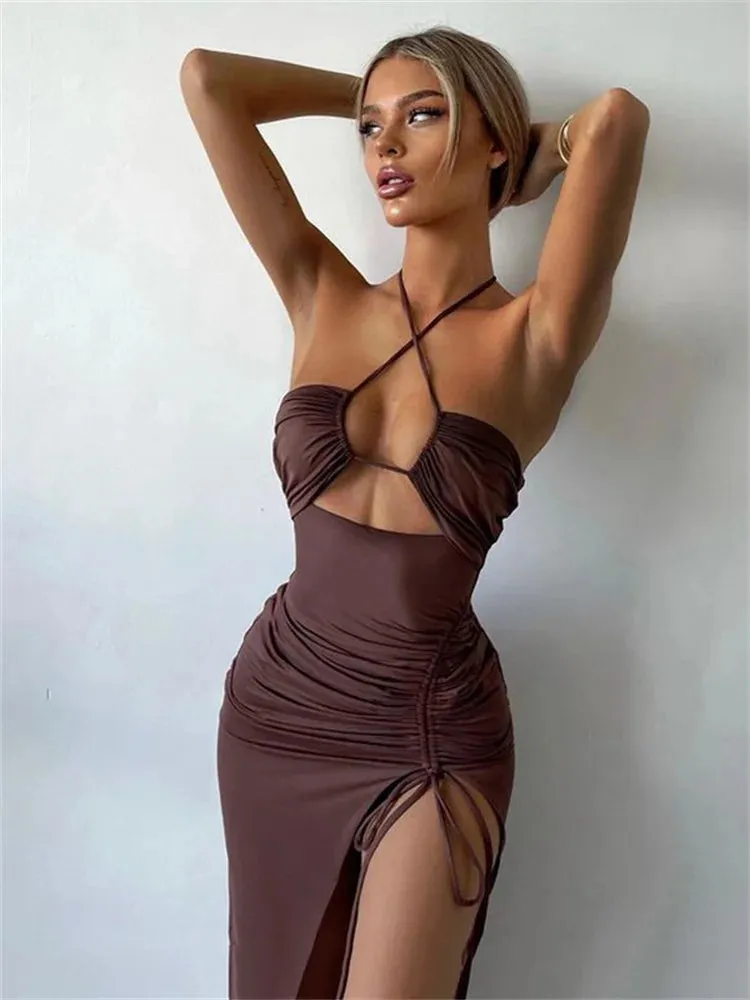 Women's Ruched Drawstring Halter Neck Fashion Designer Dresses (Midi)