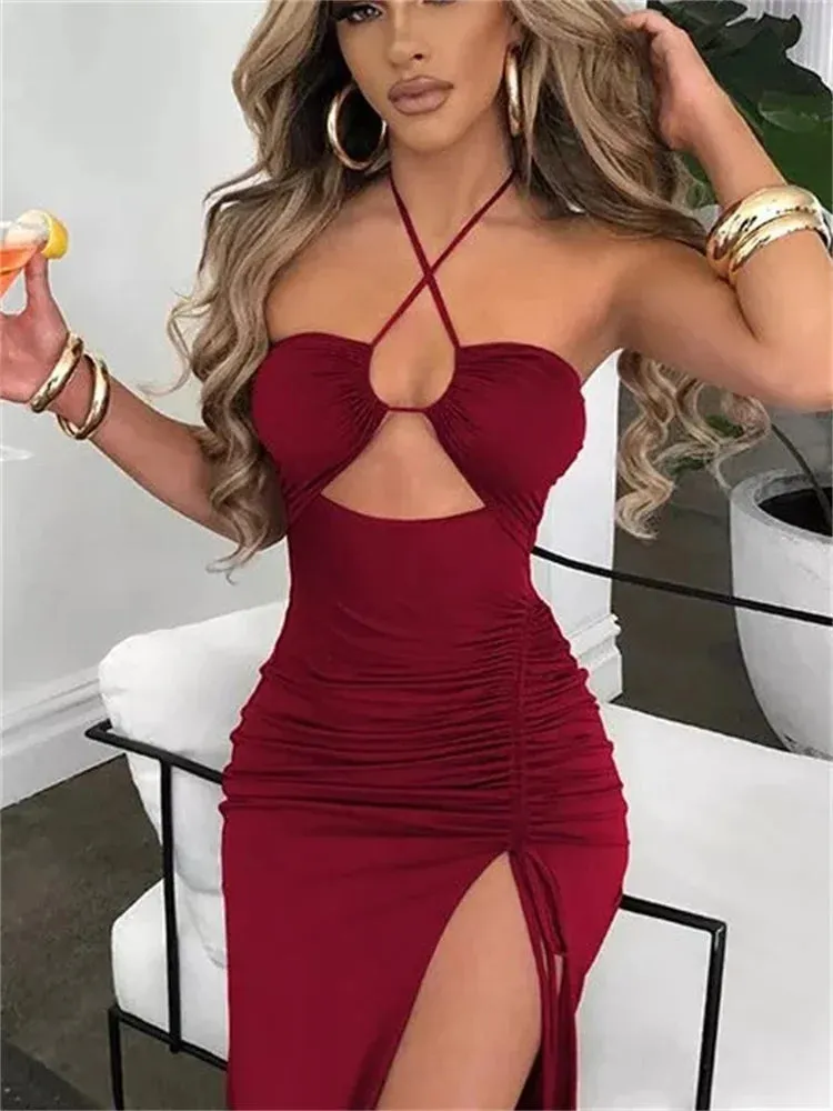 Women's Ruched Drawstring Halter Neck Fashion Designer Dresses (Midi)