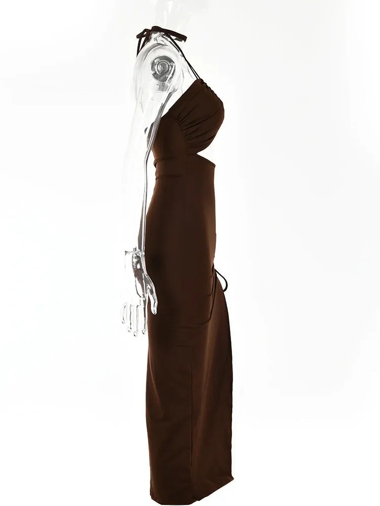 Women's Ruched Drawstring Halter Neck Fashion Designer Dresses (Midi)