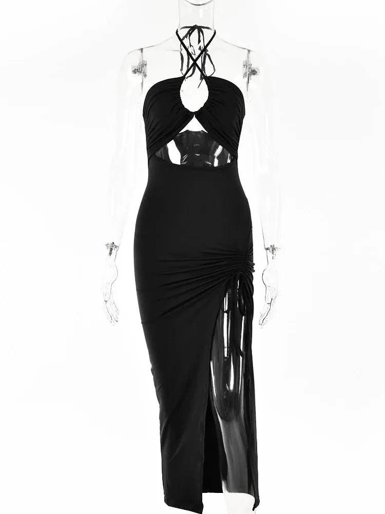 Women's Ruched Drawstring Halter Neck Fashion Designer Dresses (Midi)