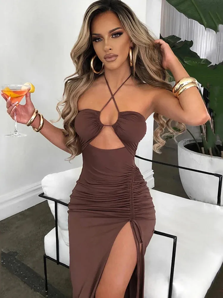 Women's Ruched Drawstring Halter Neck Fashion Designer Dresses (Midi)