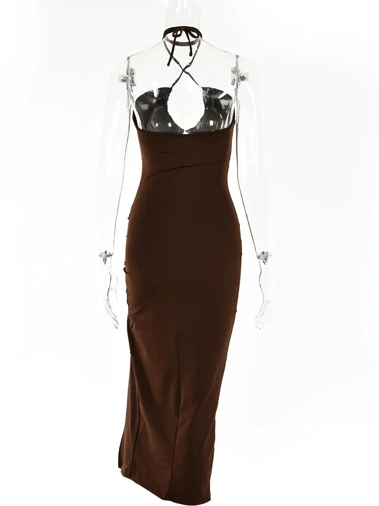 Women's Ruched Drawstring Halter Neck Fashion Designer Dresses (Midi)