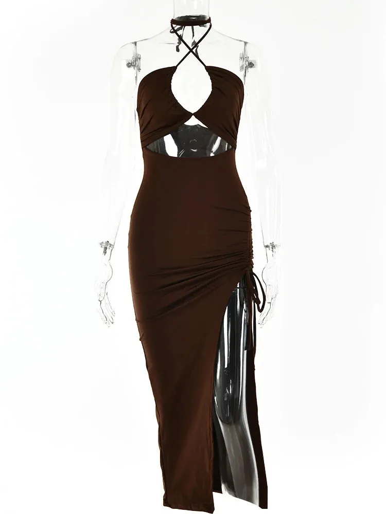 Women's Ruched Drawstring Halter Neck Fashion Designer Dresses (Midi)