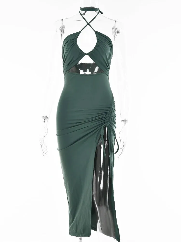 Women's Ruched Drawstring Halter Neck Fashion Designer Dresses (Midi)