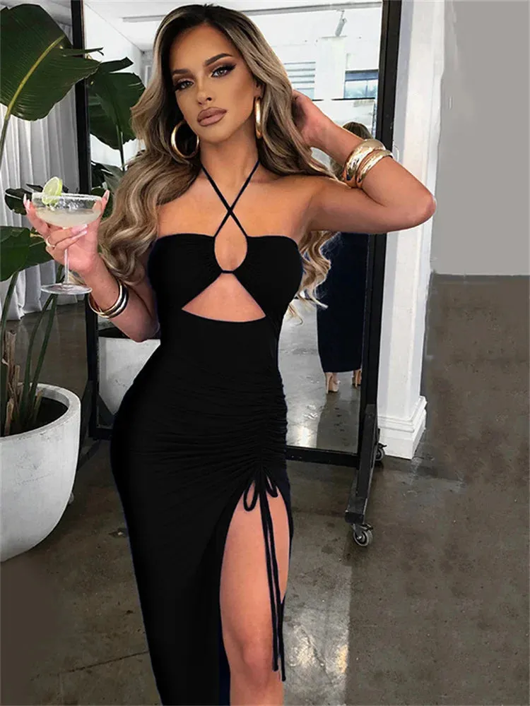 Women's Ruched Drawstring Halter Neck Fashion Designer Dresses (Midi)