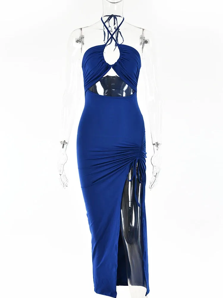 Women's Ruched Drawstring Halter Neck Fashion Designer Dresses (Midi)