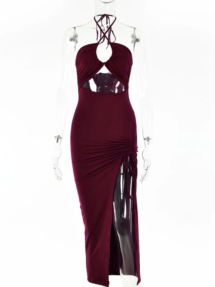 Women's Ruched Drawstring Halter Neck Fashion Designer Dresses (Midi)