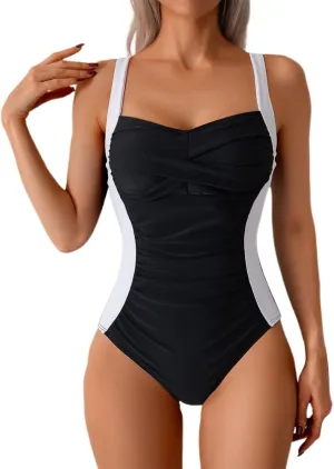 Women's Ruched One-Piece Swimsuit with Tummy Control Crisscross Back Adjustable Straps & Slimming Push-Up Design