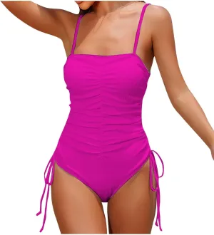 Women's Ruched Spaghetti Strap Swimwear Backless Sleeveless Tummy Control Slimming Swimsuits One Piece Bathing Suits
