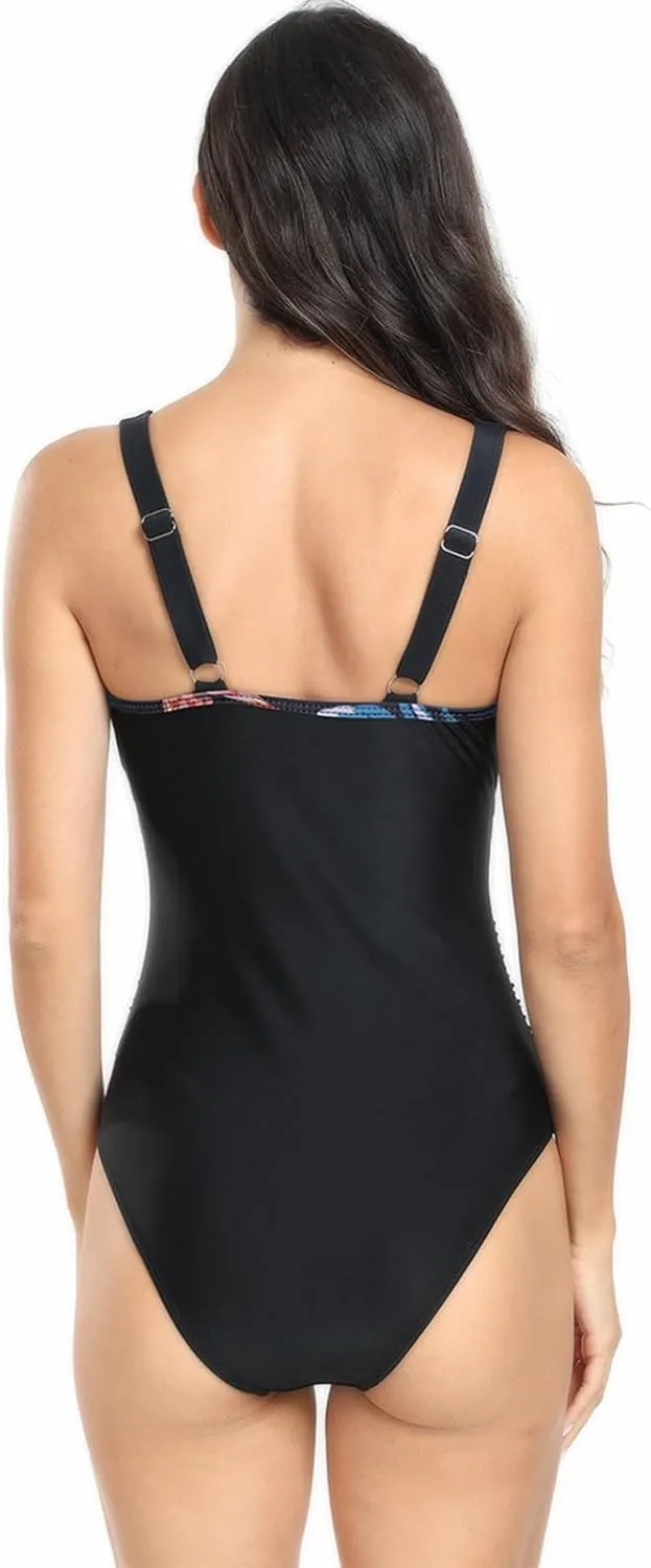 Women's Ruffle One Piece Swimsuit Floral Print V Neck Tummy Control Bathing Suit Cutout Backless Swimwear Beachwear