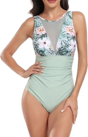 Women's Ruffle One Piece Swimsuit Floral Print V Neck Tummy Control Bathing Suit Cutout Backless Swimwear Beachwear