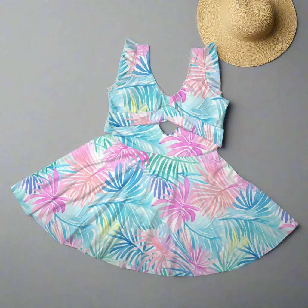 Women's Ruffle Sleeve Swim Dress, Bali Tropical Leaves