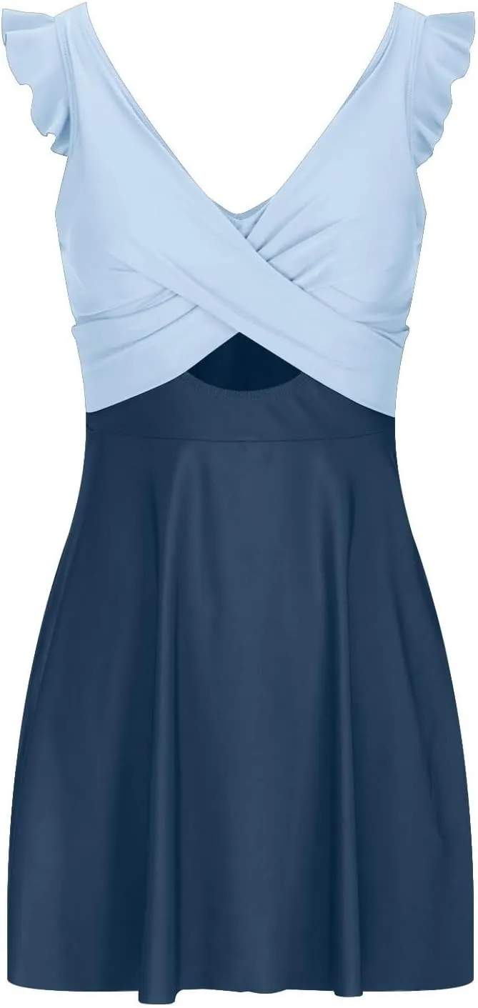 Women's Ruffled One Piece Swimsuits Cross Wrap V-Neck Backless Swimwear Tummy Control Cutout High Waisted Swimdress