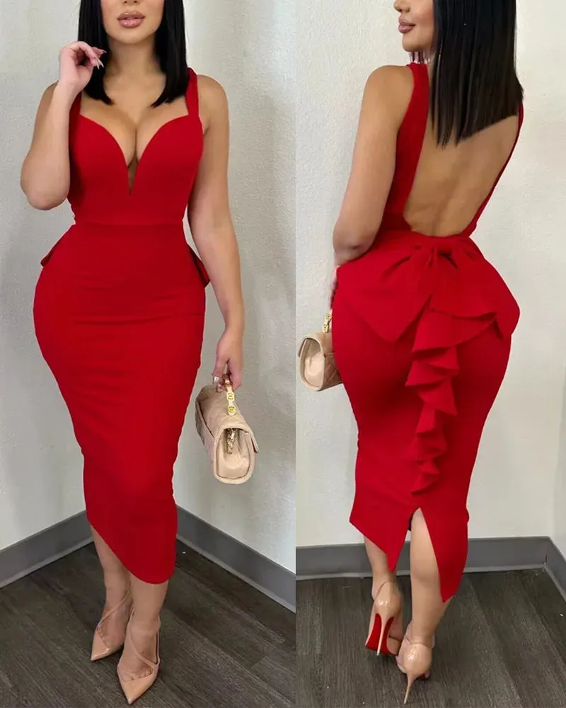 Women's Ruffled Trim Fashion Designer Bow Backless Dresses (Midi)