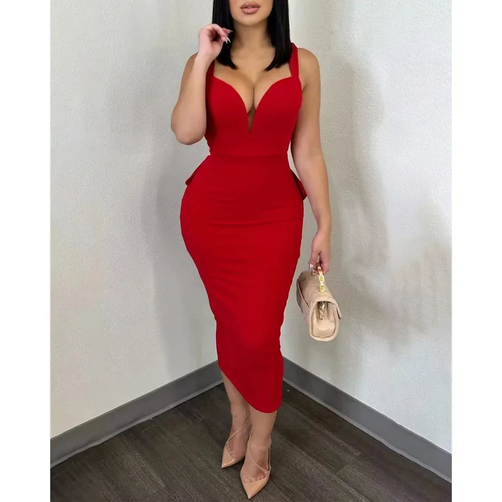 Women's Ruffled Trim Fashion Designer Bow Backless Dresses (Midi)