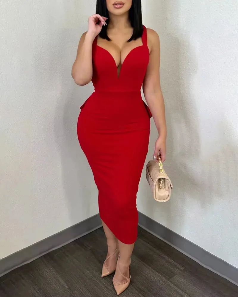 Women's Ruffled Trim Fashion Designer Bow Backless Dresses (Midi)