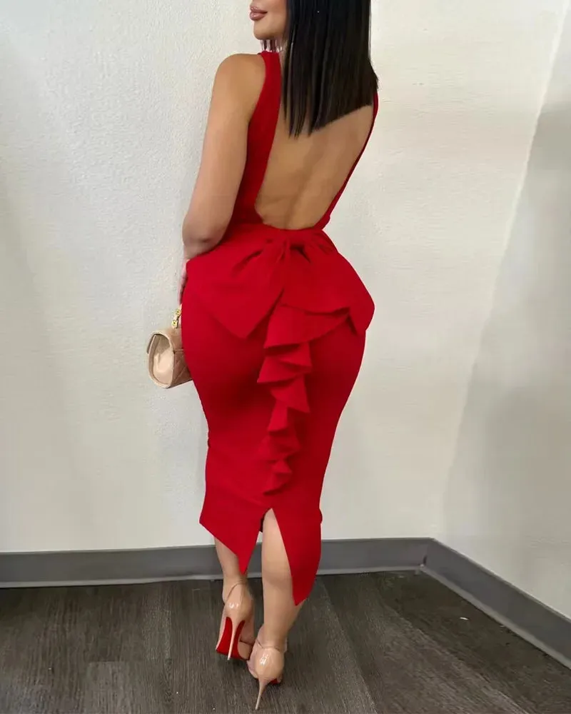 Women's Ruffled Trim Fashion Designer Bow Backless Dresses (Midi)