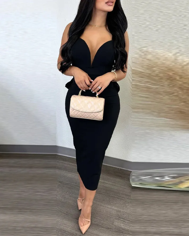 Women's Ruffled Trim Fashion Designer Bow Backless Dresses (Midi)