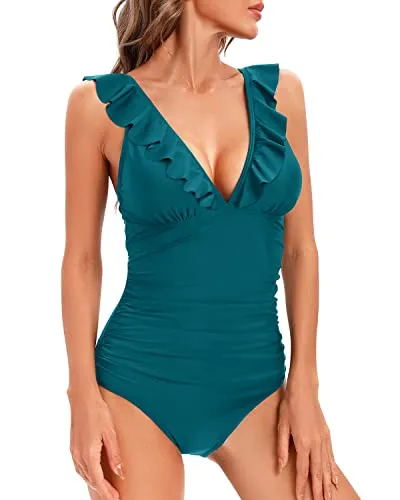 Women's Ruffled V Neck Bathing Suit Tummy Control One Piece Swimwear