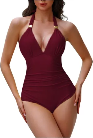 Women's Sexy Backless Swimsuits Tummy Control Sleeveless Bathing Suits One Piece Elegant Slimming Swimwear