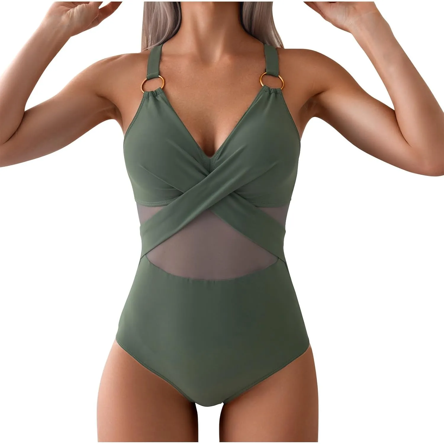 Women's Sexy Bikini Swimsuits Casual Straps Solid Color Mesh Patchwork Swimwear Tummy Control One Piece Slimming Suit