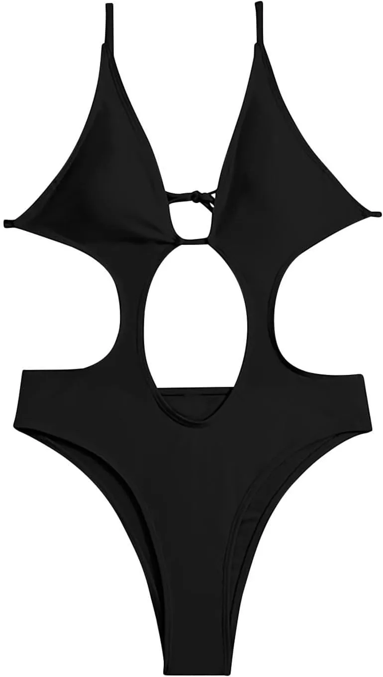 Women's Sexy Cutout Backless One Piece Swimsuit Solid Color High Waisted Bathing Suit Tummy Control Slimming Swimwear