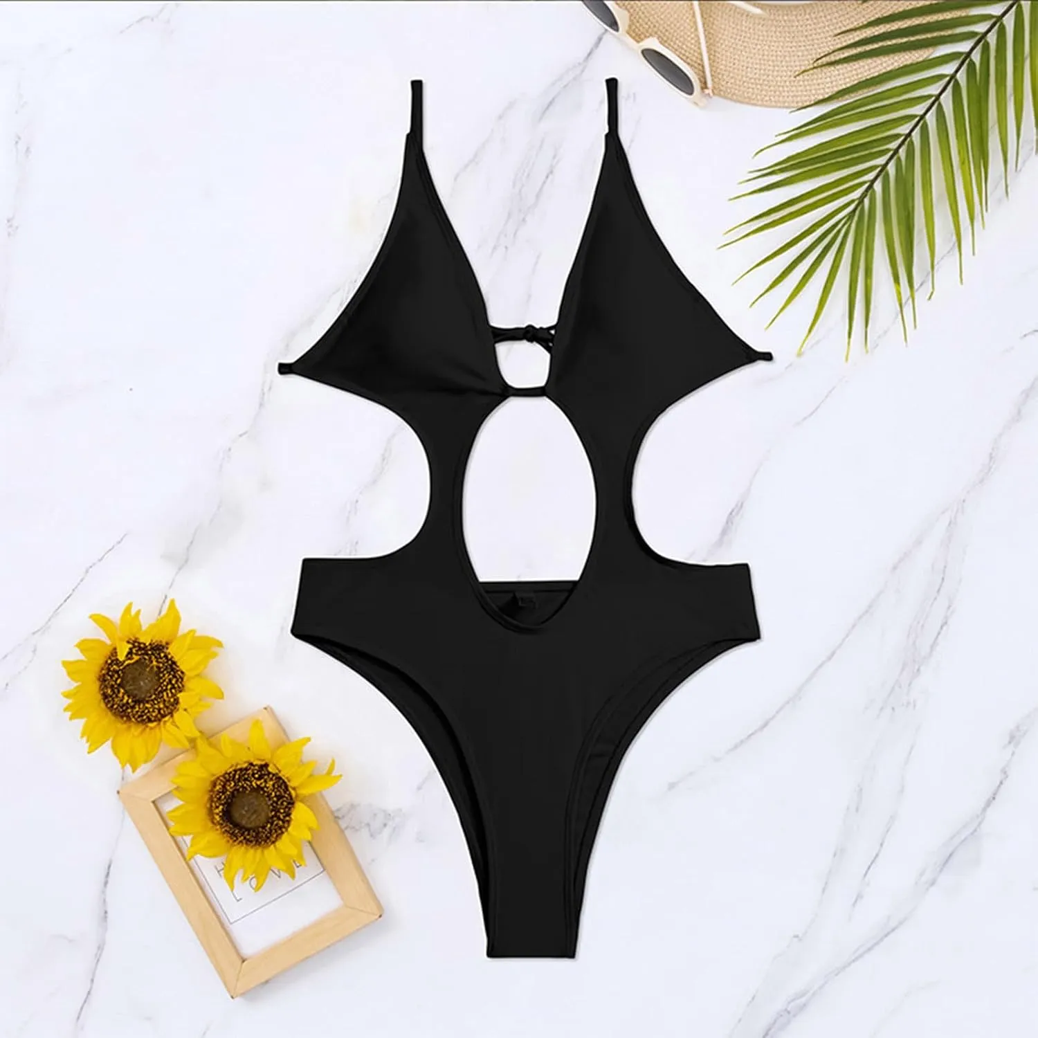 Women's Sexy Cutout Backless One Piece Swimsuit Solid Color High Waisted Bathing Suit Tummy Control Slimming Swimwear