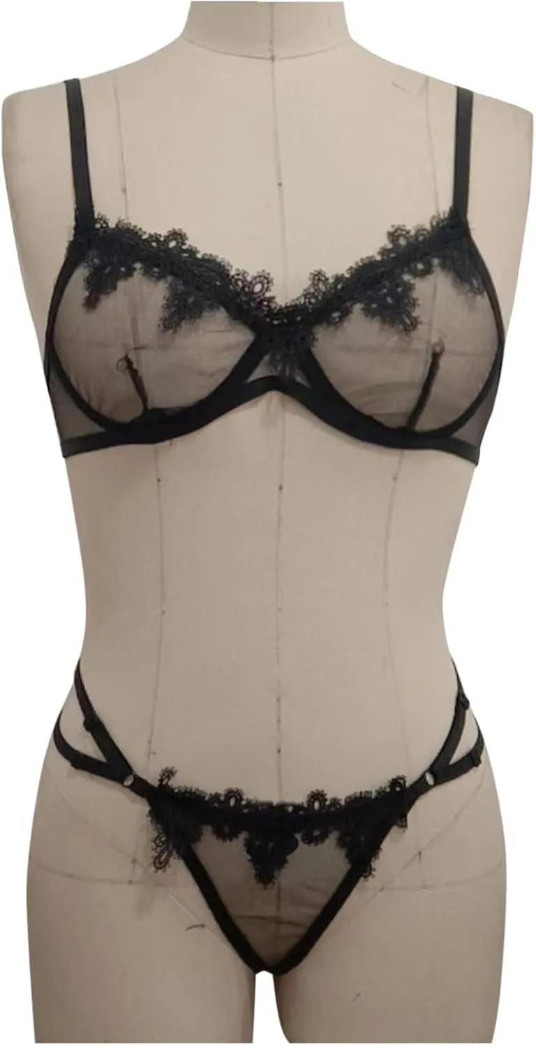 Women's Sexy Mesh Lingerie Set Lace Ttim See Through Bra and Panty Sets Push up Lace Bralette Underwear 2 Piece