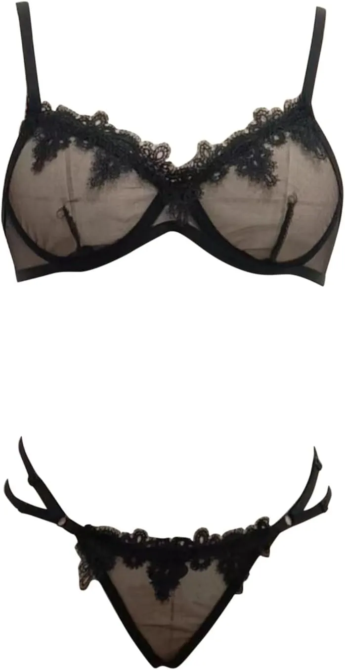 Women's Sexy Mesh Lingerie Set Lace Ttim See Through Bra and Panty Sets Push up Lace Bralette Underwear 2 Piece