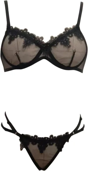 Women's Sexy Mesh Lingerie Set Lace Ttim See Through Bra and Panty Sets Push up Lace Bralette Underwear 2 Piece