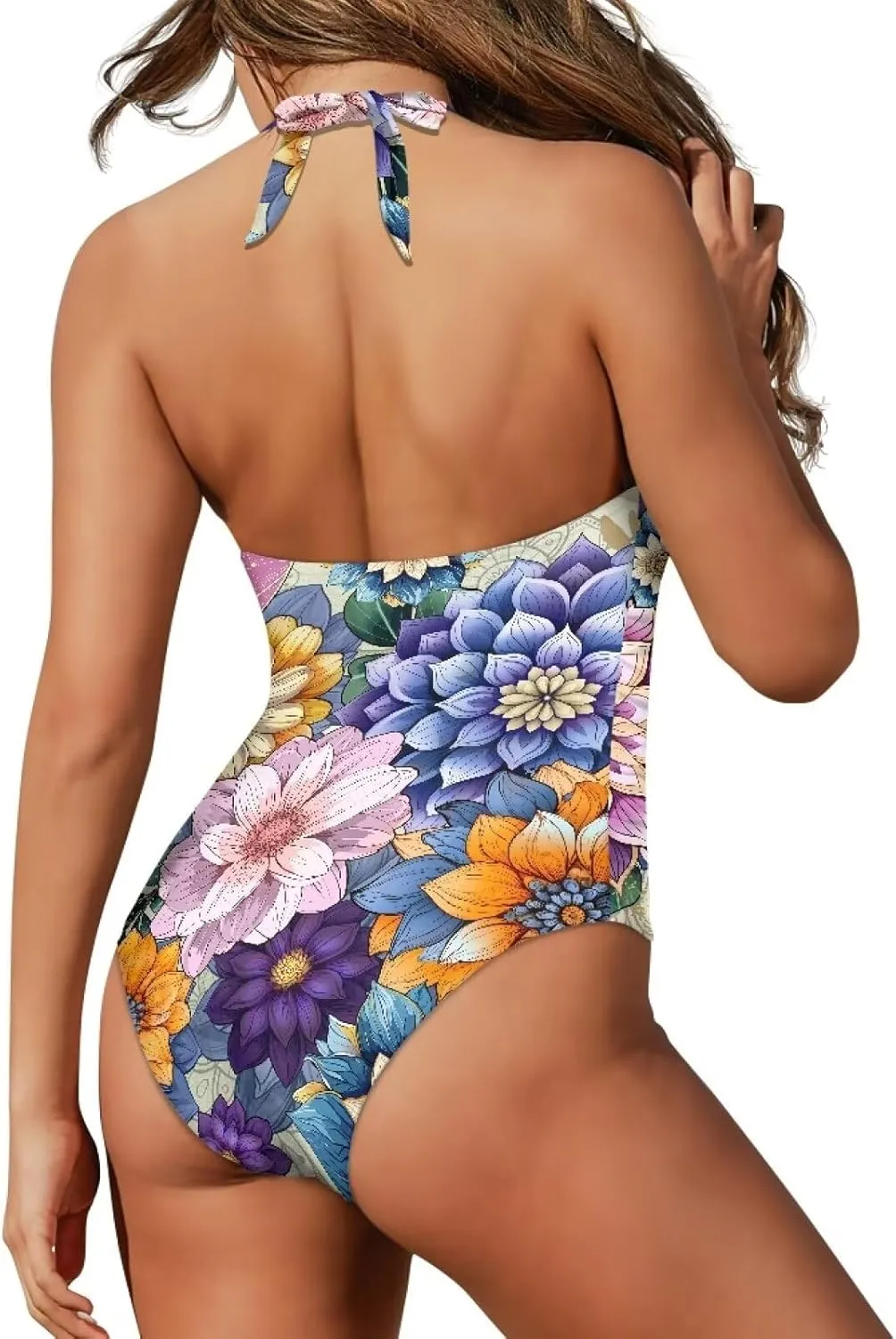 Women's Sexy Push Up One Piece Swimsuits Plunge V Neck High Cut Halter Ruched Bathing Suit