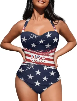 Women's Sexy Push Up One Piece Swimsuits Plunge V Neck High Cut Halter Ruched Bathing Suit