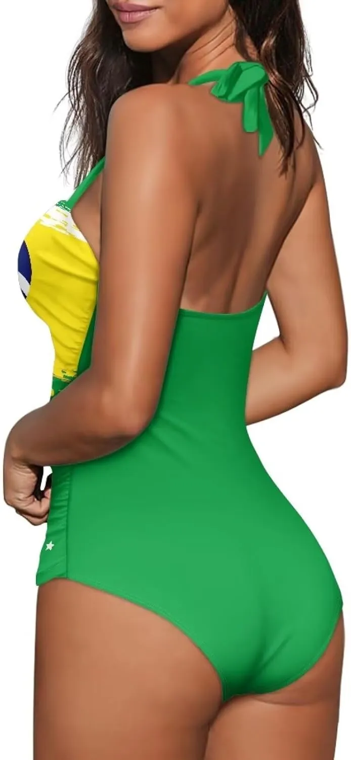 Women's Sexy Push Up One Piece Swimsuits Plunge V Neck High Cut Halter Ruched Bathing Suit