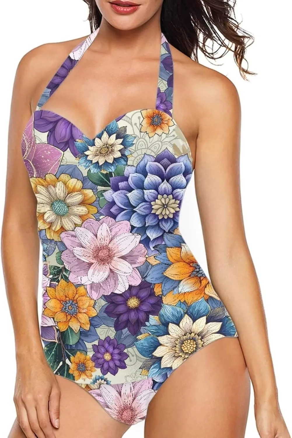 Women's Sexy Push Up One Piece Swimsuits Plunge V Neck High Cut Halter Ruched Bathing Suit