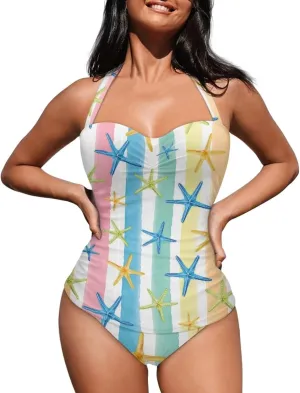 Women's Sexy Push Up One Piece Swimsuits Plunge V Neck High Cut Halter Ruched Bathing Suit