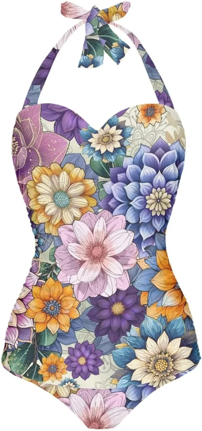 Women's Sexy Push Up One Piece Swimsuits Plunge V Neck High Cut Halter Ruched Bathing Suit