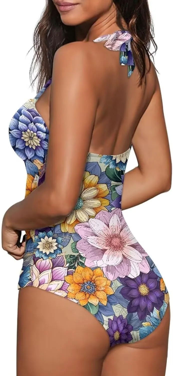 Women's Sexy Push Up One Piece Swimsuits Plunge V Neck High Cut Halter Ruched Bathing Suit