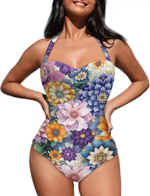 Women's Sexy Push Up One Piece Swimsuits Plunge V Neck High Cut Halter Ruched Bathing Suit