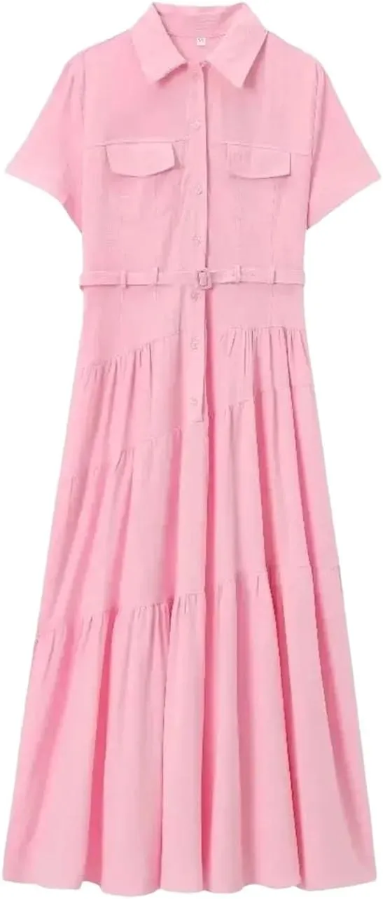 Women's Shirt Dress with Belt Lapel Short Sleeve Button Front Asymmetric Hem Long Dress Office Casual